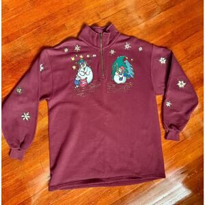 Vintage 90's Lee Maroon Red Christmas Snowman Winter Half Zip Sweatshirt Large
